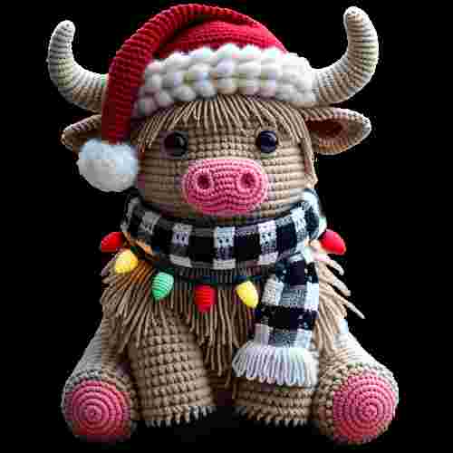 Faux Crochet Highland Cow with Santa Hat