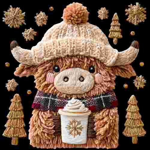 Faux Crochet Highland Cow with cup