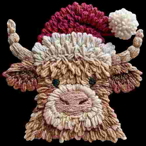 Faux Crochet Highland Cow with Santa Hat