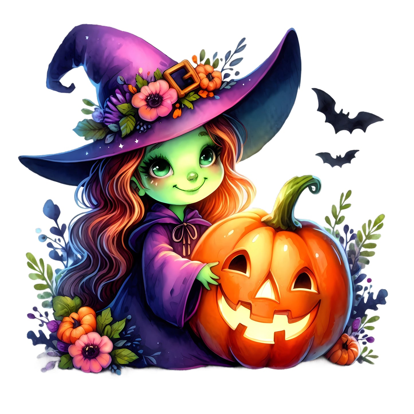 Green Witch with Pumpkin