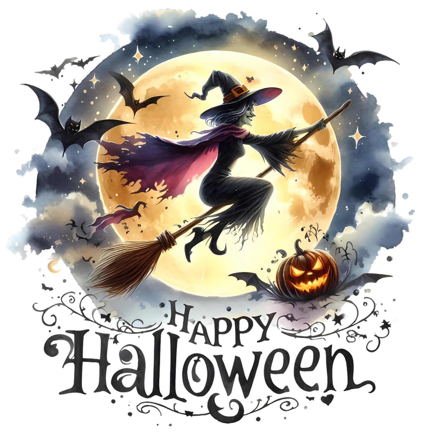 Witch on Broom in Moon