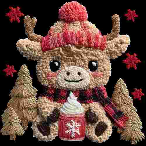 Faux Crochet Highland Cow With Beanie