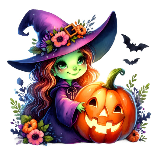 Green Witch with Pumpkin