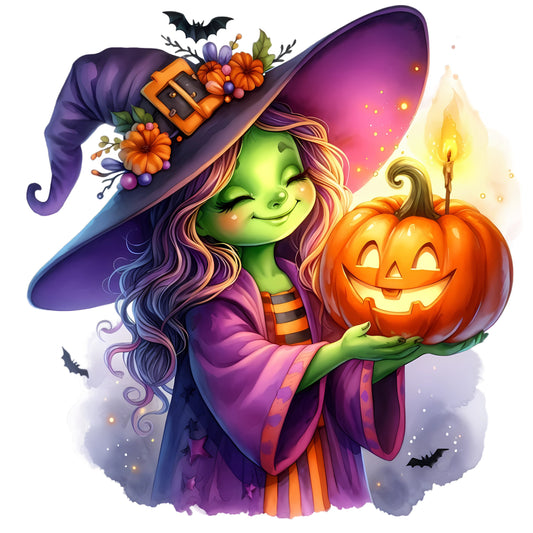 Happy Witch with Pumpkins
