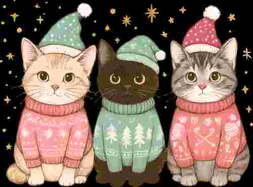 3 Cats with Sweaters and Beanies