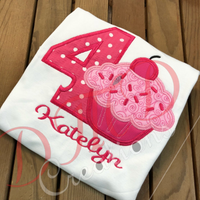 Cherry topped Cupcake Birthday shirt , Applique Cupcake Birthday shirt - DMDCreations