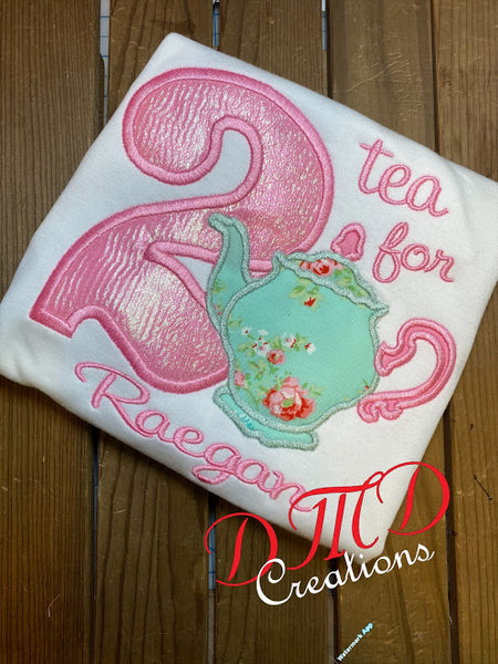 Tea for Two Birthday Shirt, Tea Party Applique Shirt, Tea Party Birthday Shirt - DMDCreations